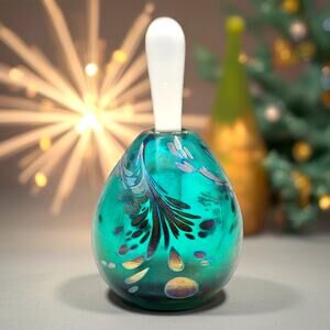 Signed Art Glass Perfume Bottle Iridescent Hand Blown Turquoise With Stopper